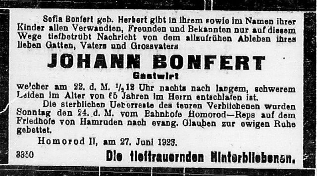 Bonfert Johann 1858-1923 Todesanzeige